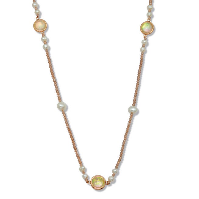 Simulated Opal and Simulated Pearl Goldtone Beaded Necklace 38-inch, WHITE, hi-res image number 0