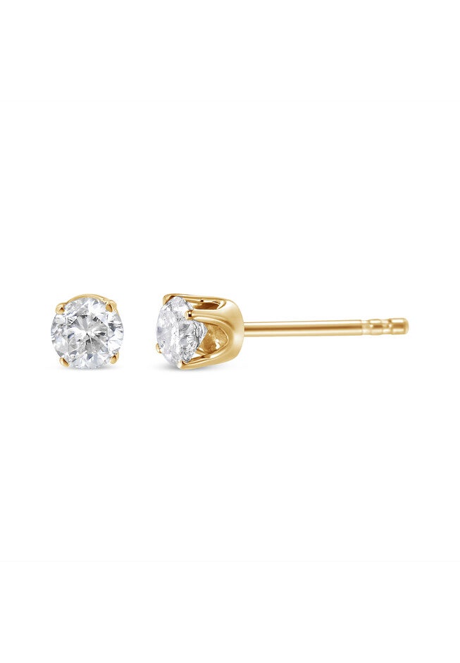 Round Brilliantcut Diamond Yellow Gold Classic 4Prong Solitaire Stud Earrings, , alternate image number 2