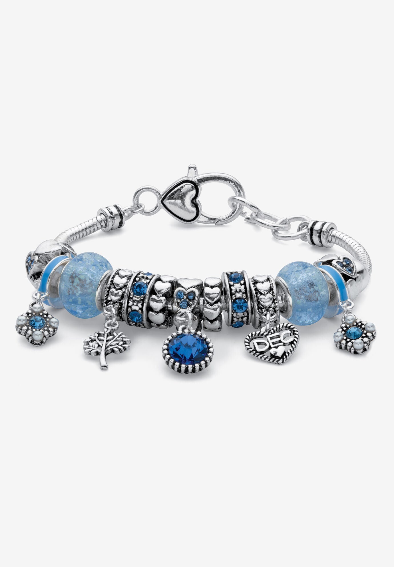 Antiqued Silvertone Simulated Birthstone 8 inches Charm Bracelet, DECEMBER, hi-res image number 0