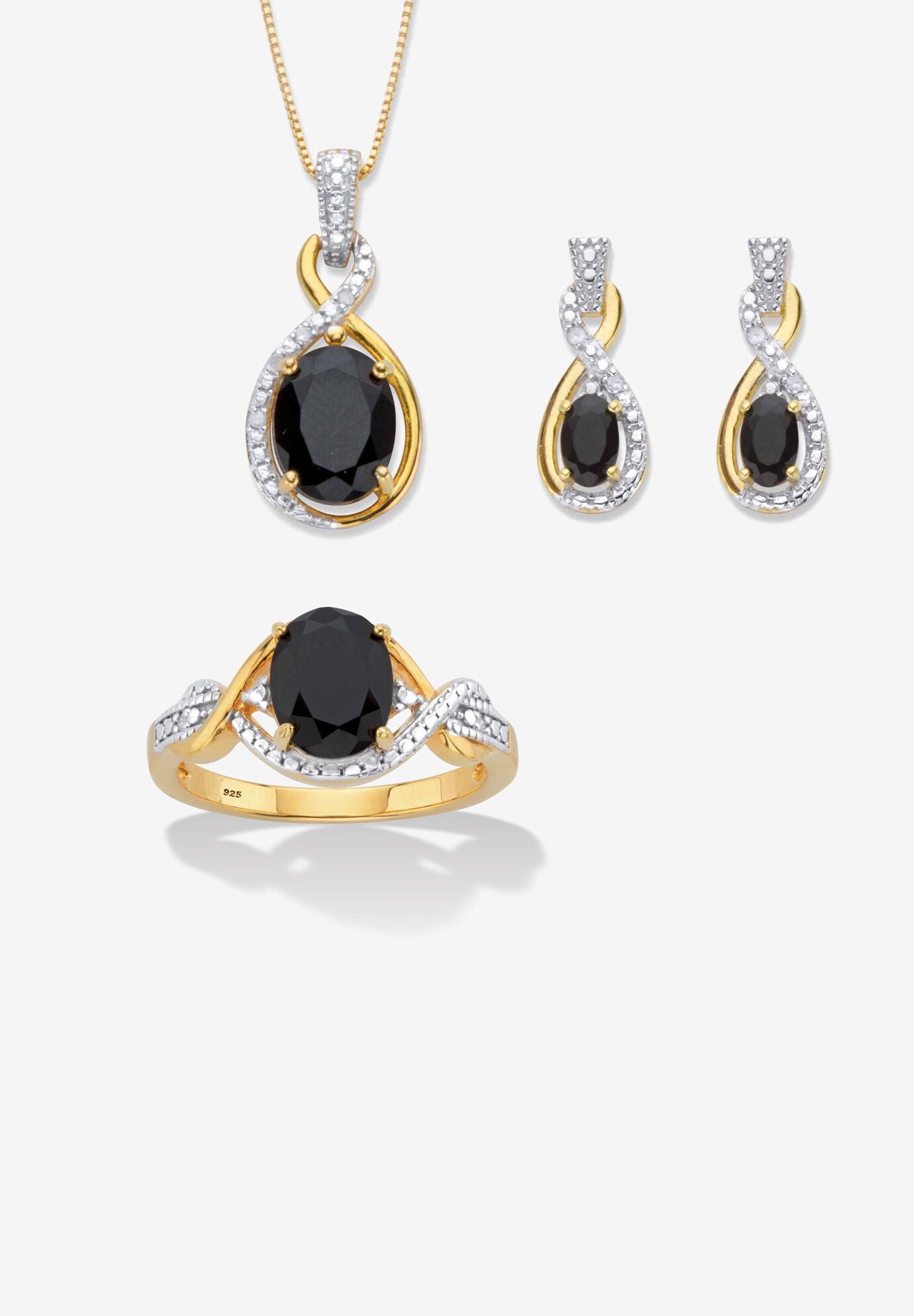 Oval Genuine Onyx And Diamond Accent Gold-Plated Silver Necklace Set 18 inches, BLACK, hi-res image number 0
