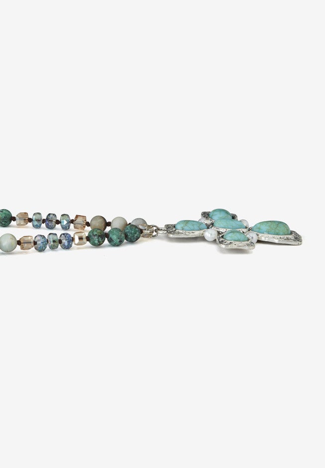 Genuine Jasper, Amazonite And Freshwater Pearl Silvertone Cross Necklace 32 Inch, , on-hover image number 1