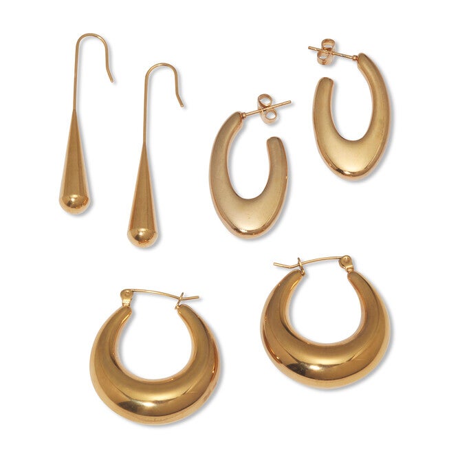 Yellow Gold Ion-Plated Stainless Steel Hoop Earrings, 3-Pair Set, GOLD, on-hover image number 1