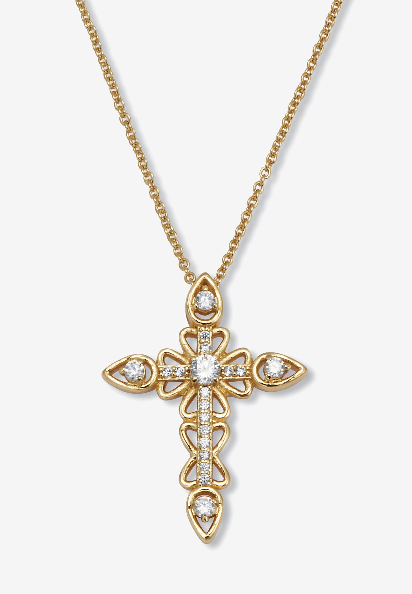 .32 Tcw Round Cz 14K Yellow Gold-Plated Cross Pendant Necklace 18-Inch, GOLD, hi-res image number 0