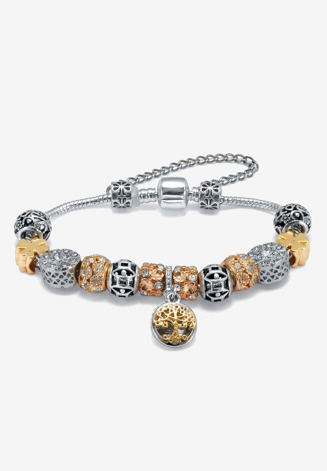 Round Crystal Silvertone Antiqued Charm Bracelet, 7 To 9-Inch, SILVER, hi-res image number 0