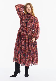 Mock-Neck Chiffon Midi Dress