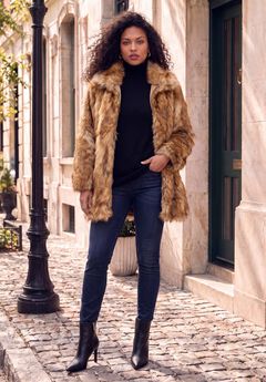 Plus Size Mid-Length Hooded Faux Fur Coat