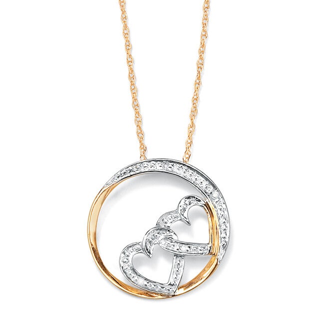 Diamond Accent Solid 10k Yellow Gold Double Heart Pendant Necklace 18 inches, WHITE, hi-res image number null