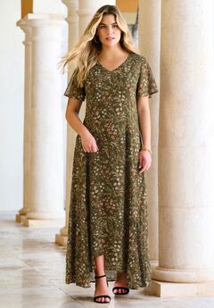 Plus Size Hand Crinkled Flutter-Sleeve Maxi Dress