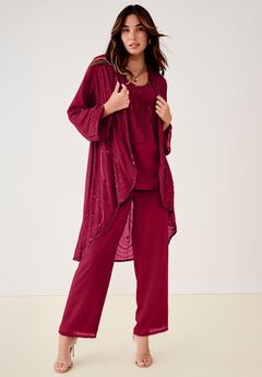Plus Size Beaded Georgette Scoop Neck 3-Piece Pant Set