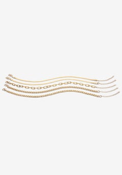 5 Piece Herringbone, Curb & Cable Link Ankle Bracelet Set Goldtone 9" Length Jewelry