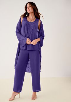 Plus Size Beaded Georgette Scoop Neck 3-Piece Pant Set