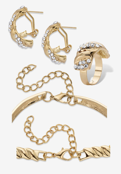 Crystal Goldtone S Link Necklace, Earring & Bracelet Bonus Ring Set 19"-21" Jewelry, , on-hover image number null