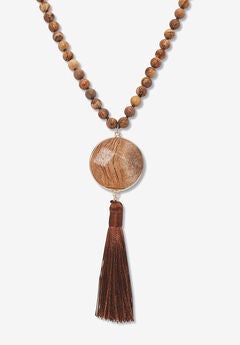 Round Genuine Brown Jasper Goldtone Bezel Set Cabochon Beaded Necklace 34 Inch