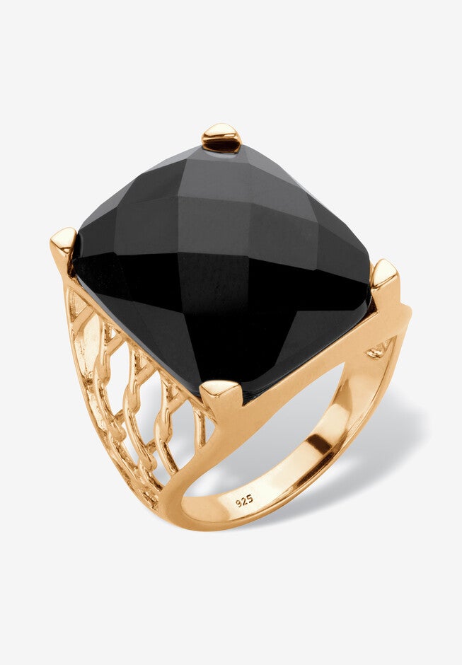 Emerald Cut Genuine Black Onyx 14K Yellow Gold-Plated Sterling Silver Ring, , on-hover image number 1