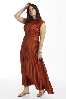 Boatneck Plisse Cap-Sleeve Maxi Dress