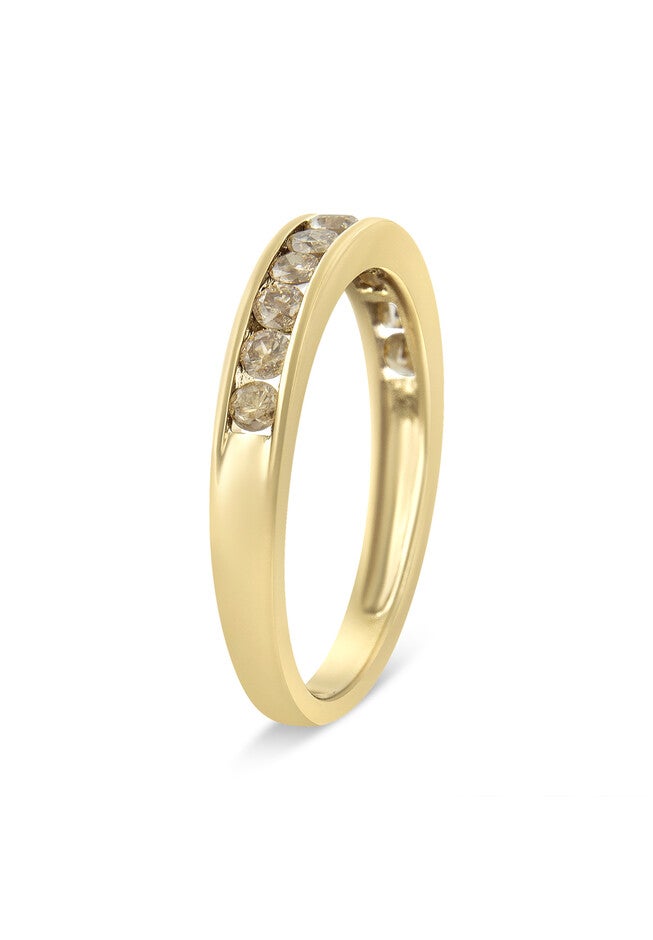 Yellow Gold Plated Sterling Silver Channel Set Round Champagne Diamond 11 Stone Band Ring, , alternate image number 2