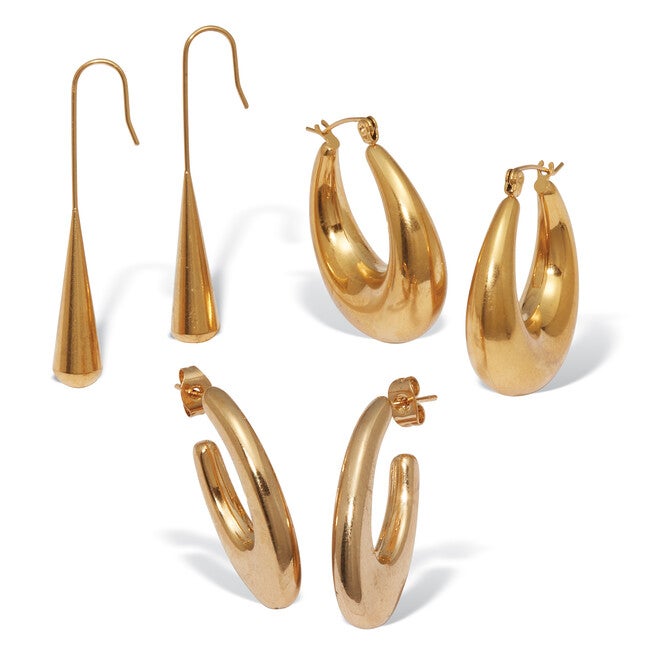 Yellow Gold Ion-Plated Stainless Steel Hoop Earrings, 3-Pair Set, GOLD, hi-res image number 0