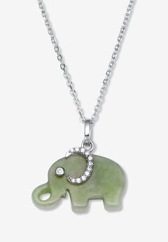 Genuine Green Jade Cz Silvertone Elephant Pendant Necklace, 18 Inch Chain