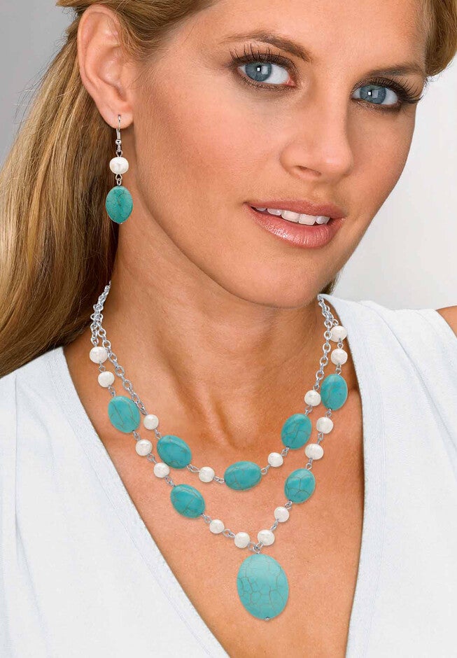 Silver Tone Necklace And Earring Set, Pearl And Turquoise, , alternate image number 2