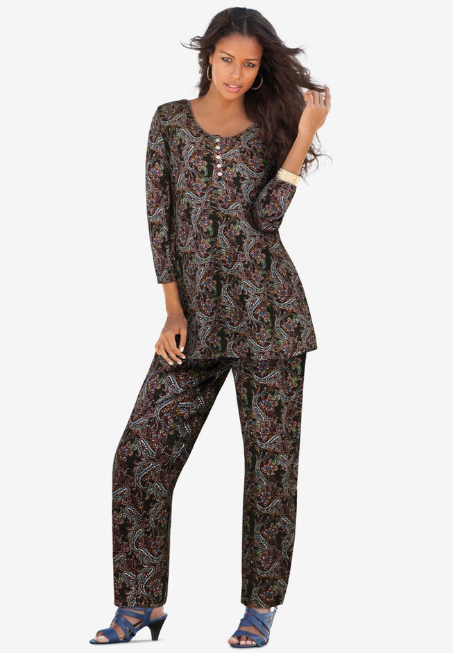 Printed Three-Quarter Sleeve Henley Set, MULTI BOHO PAISLEY, hi-res image number null