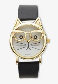 Cat Watch Gold Tone With Adjustable Black Strap 8" Length