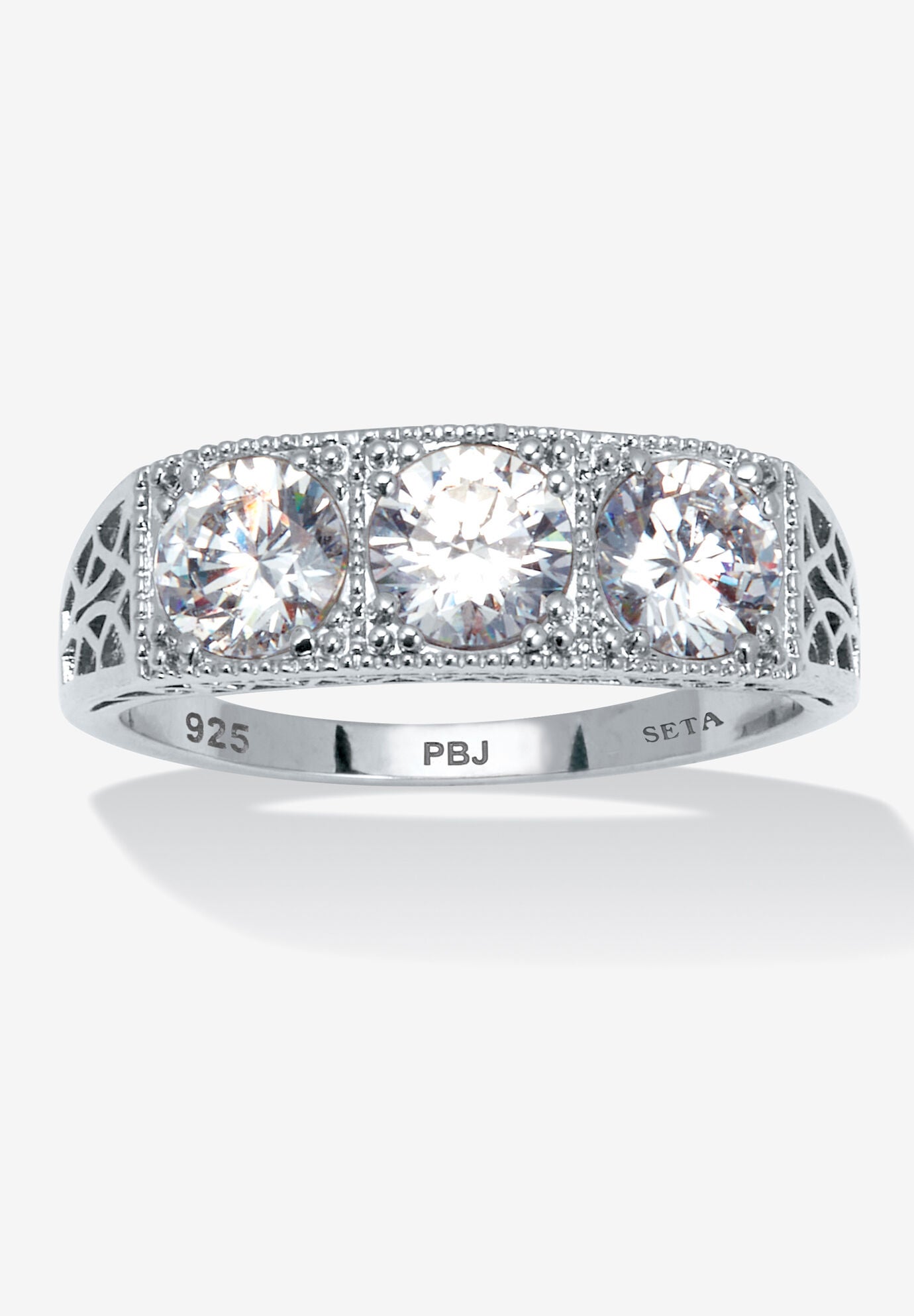 4.50 Tcw Round Cubic Zirconia Platinum-Plated Sterling Silver 3-Stone Ring, SILVER, hi-res image number 0