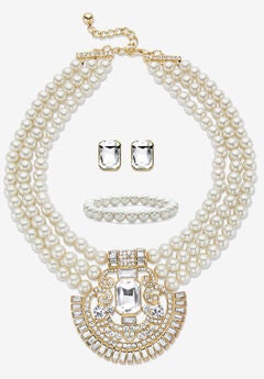 Gold Tone Simulated Pearl Bib 17" Necklace Set with Emerald Cut Crystals