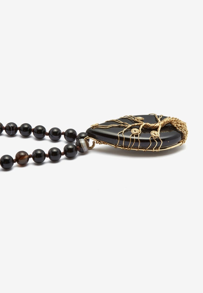 Natural Black Onyx And Genuine Agate Goldtone Necklace And Bracelet Set, 34 Inch, , alternate image number 3