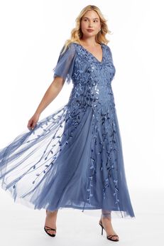Embellished V-Neck Gown With Godets