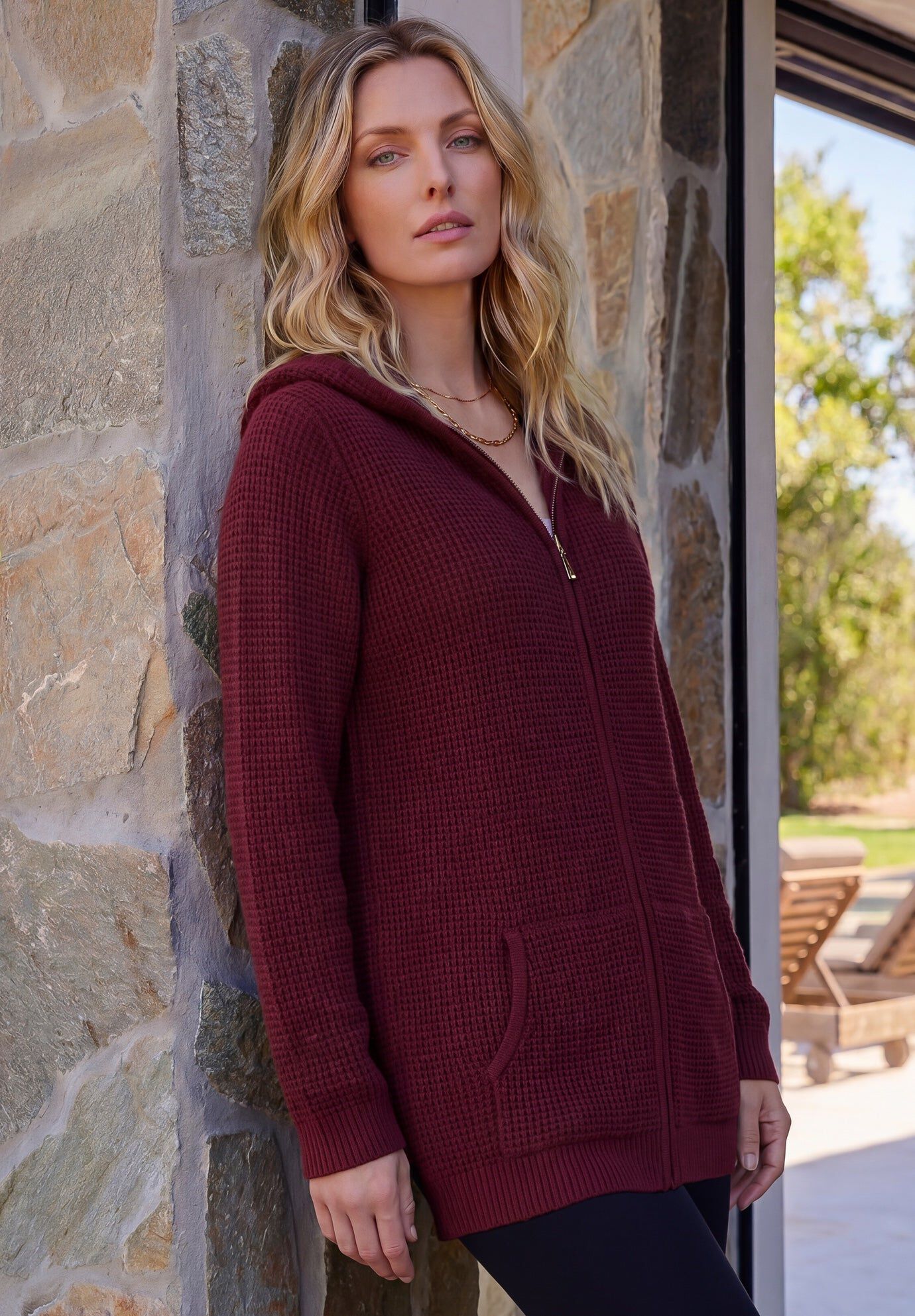 Plus Size Waffle Knit Zip-Front Relaxed Hoodie, RICH BURGUNDY, hi-res image number 0