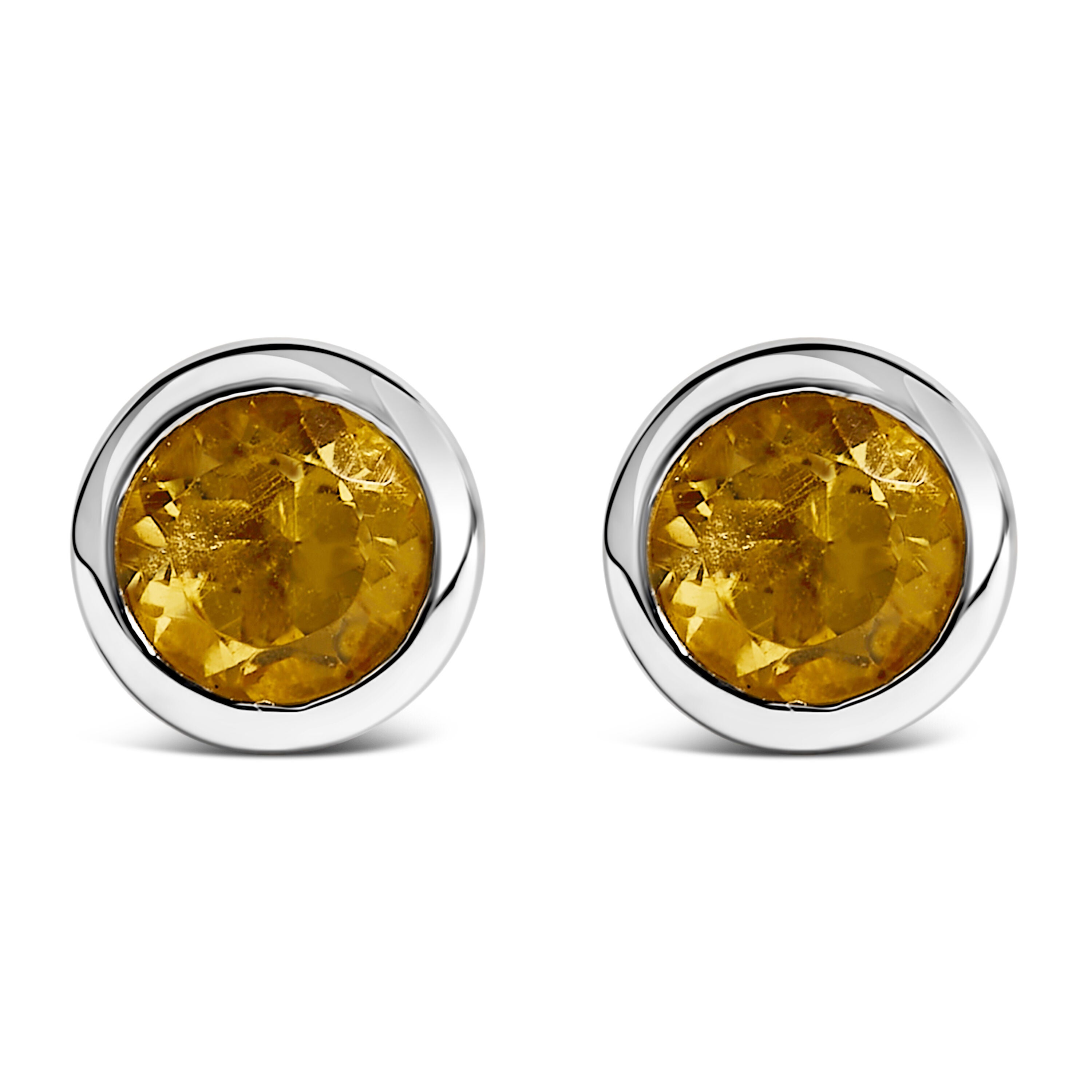 .925 Sterling Silver 6MM Bezel Set Created Yellow Citrine Solitaire Stud Earrings, YELLOW, hi-res image number 0