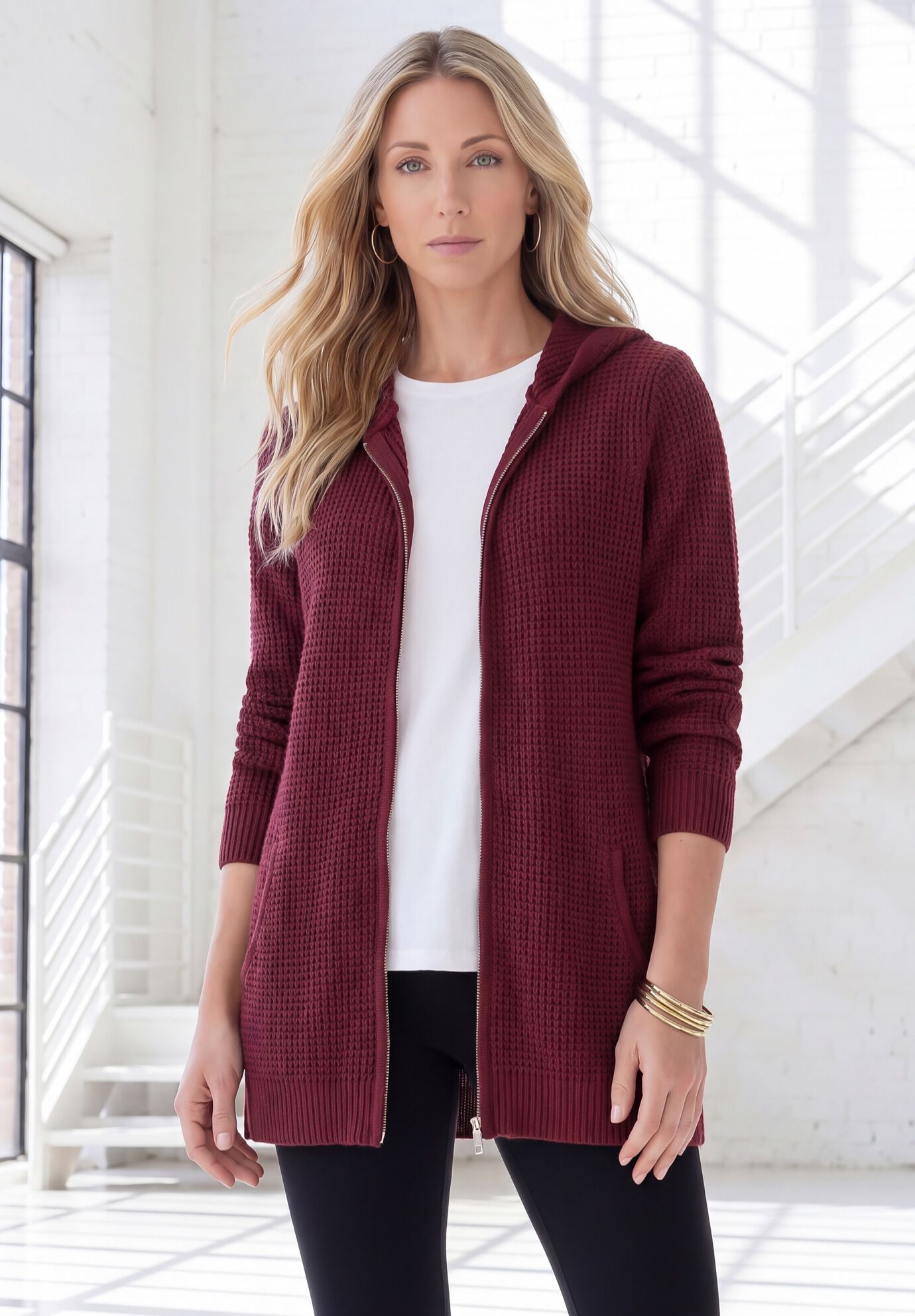 Plus Size Waffle Knit Zip-Front Relaxed Hoodie, RICH BURGUNDY, alternate image number 2