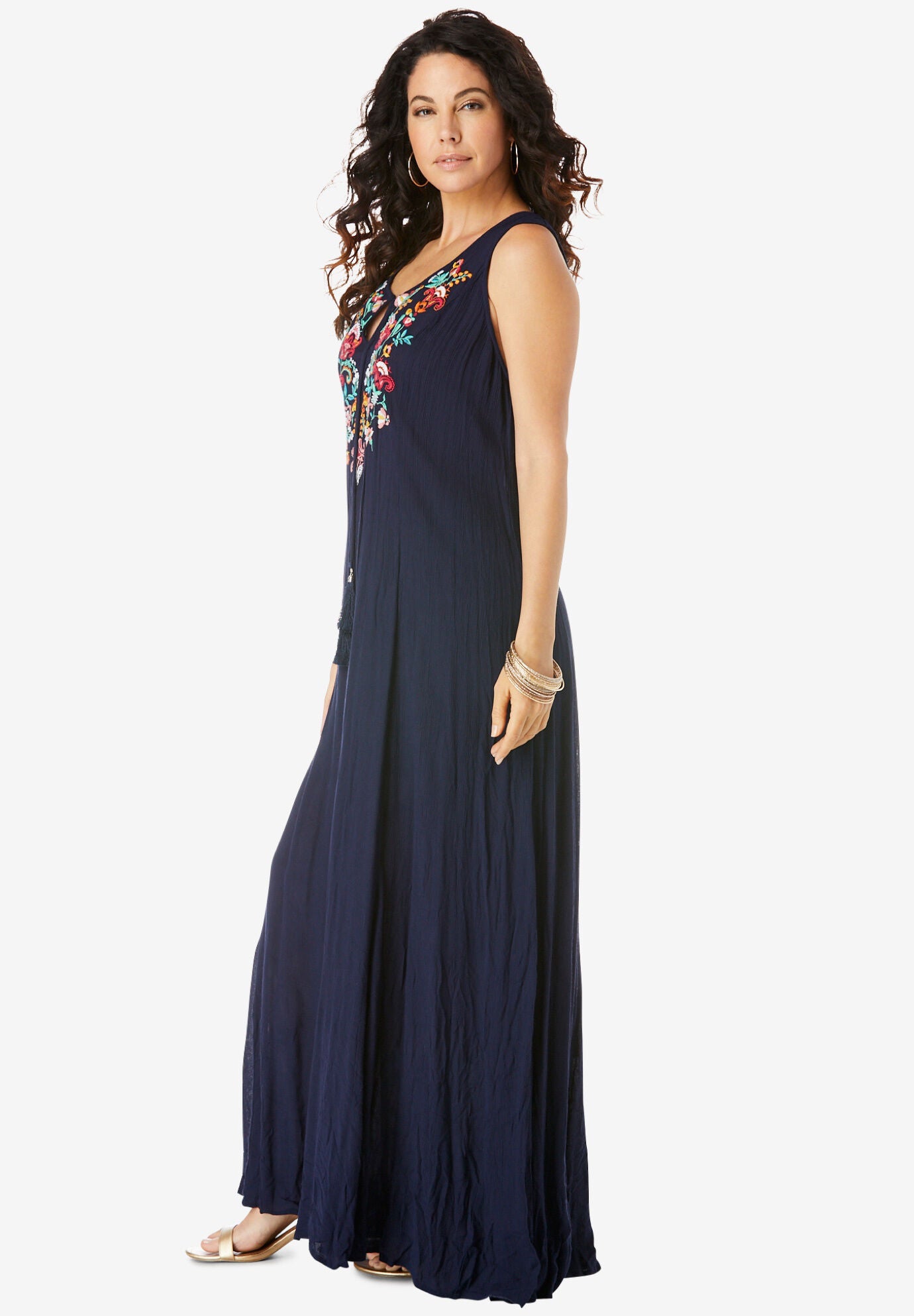 Embroidered Sleeveless Crinkle Dress, , alternate image number 2