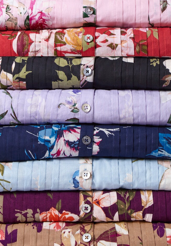 Plus Size Floral Y-Neck Pintuck Tunic – Adjustable Long Sleeve Button-Front, Relaxed Shirt Style, , alternate image number 5