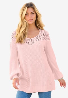Plus Size Crochet Pullover Sweater with Sweetheart Neckline