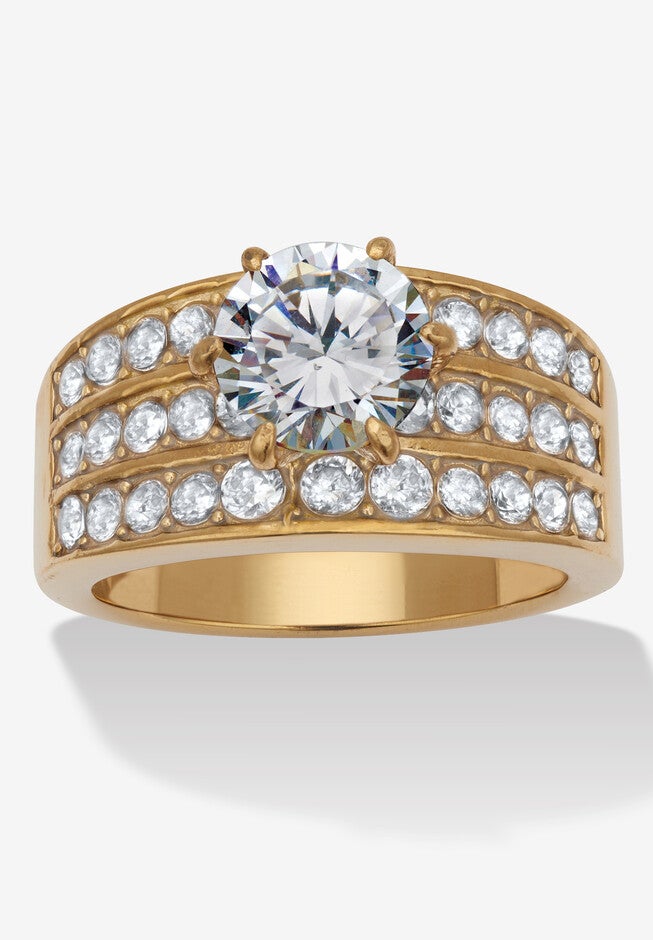 3.18 Tcw Round Cz Gold Ion-Plated Stainless Steel Three Row Pave Engagement Ring, GOLD, hi-res image number null