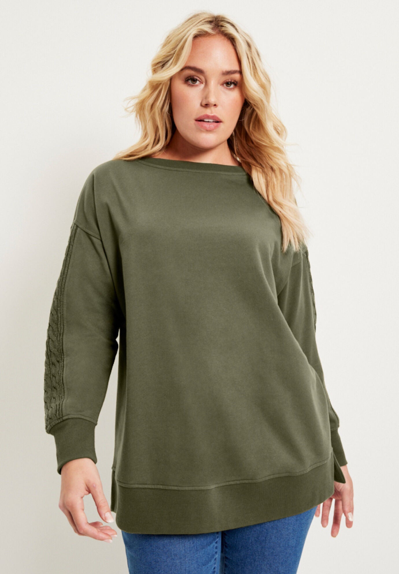 French Terry Boatneck Sweatshirt, DARK OLIVE GREEN, hi-res image number 0