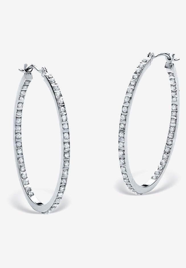 Platinum & Sterling Silver Hoop Earrings with Diamond Accent, WHITE, hi-res image number 0