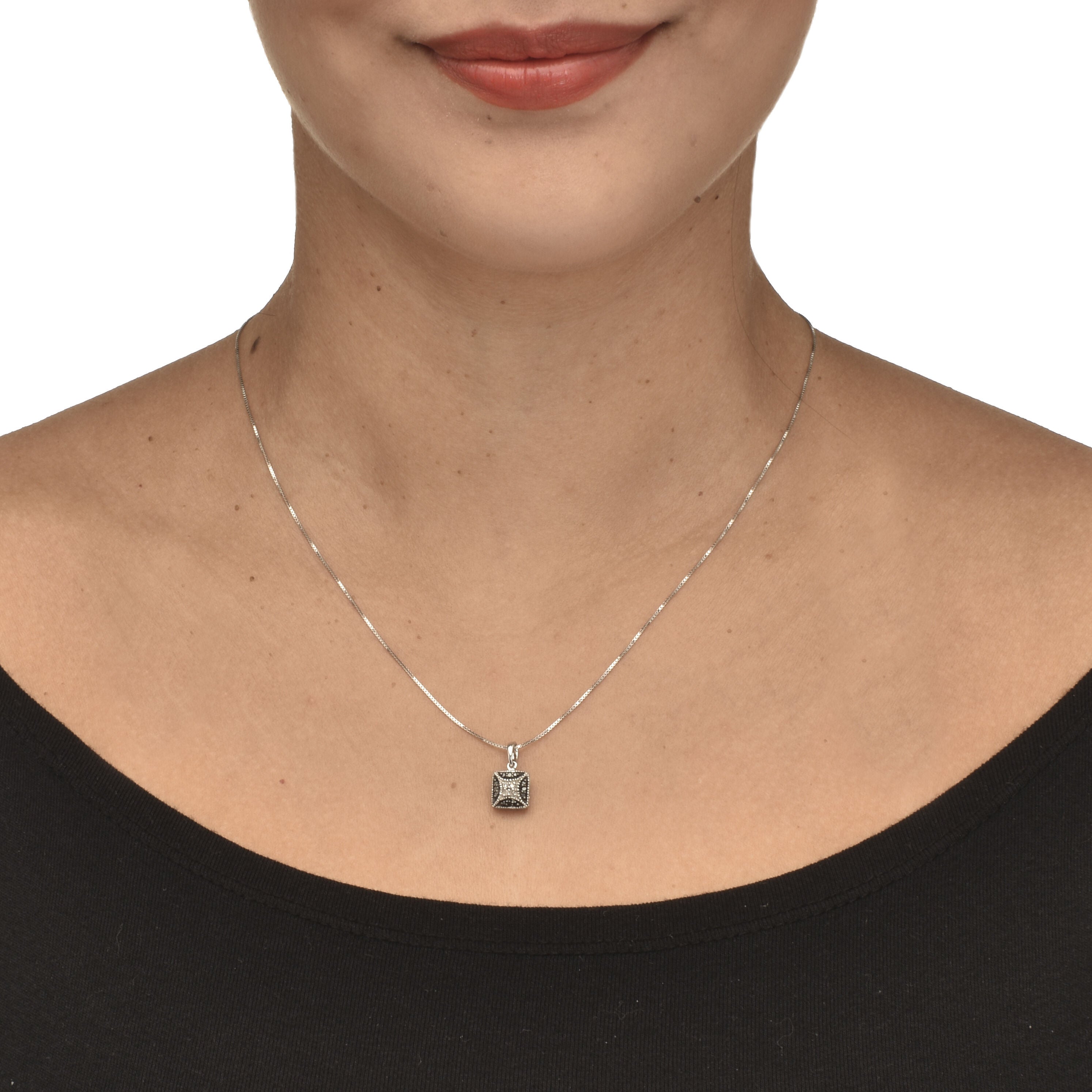 .06 TCW Black Diamond  Sterling Silver Square Pendant and Chain 18 Inches, WHITE, alternate image number 2