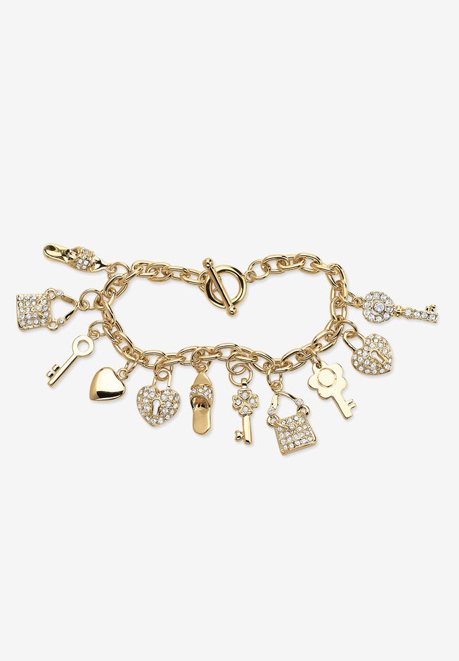 Gold-Plated Shoe,Purse,Heart Lock And Key Charm Bracelet, Crystal 7.5 inches, CRYSTAL, hi-res image number 0