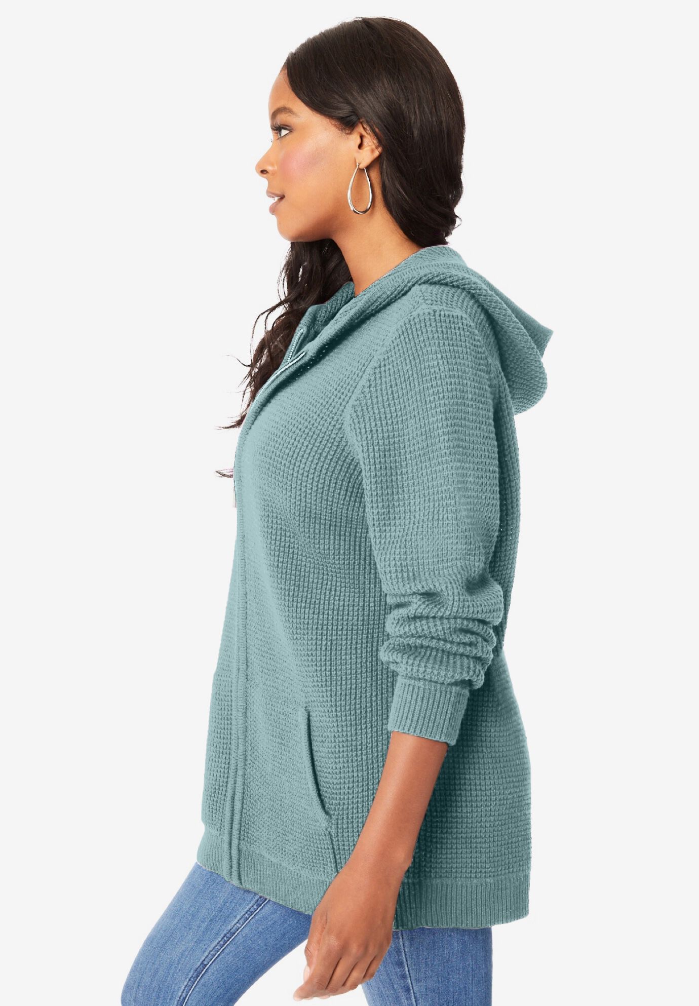 Plus Size Waffle Knit Zip-Front Relaxed Hoodie, COOL SAGE, alternate image number 3