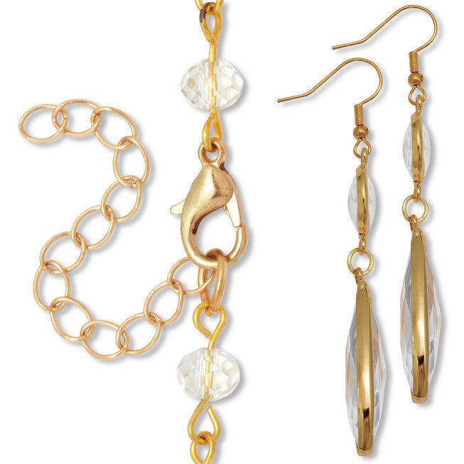 Crystal Goldtone Vintage-Inspired Necklace and Earring Set, WHITE, on-hover image number 1