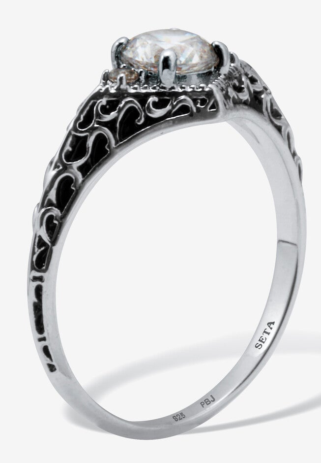 .75 Tcw Round Cubic Zirconia Antiqued Sterling Silver Filigree Ring, , on-hover image number 1