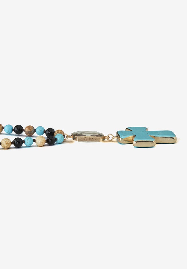 Genuine Turquoise Jasper And Multicolor Agate Beaded Cross Necklace 40 Inch, , on-hover image number 1