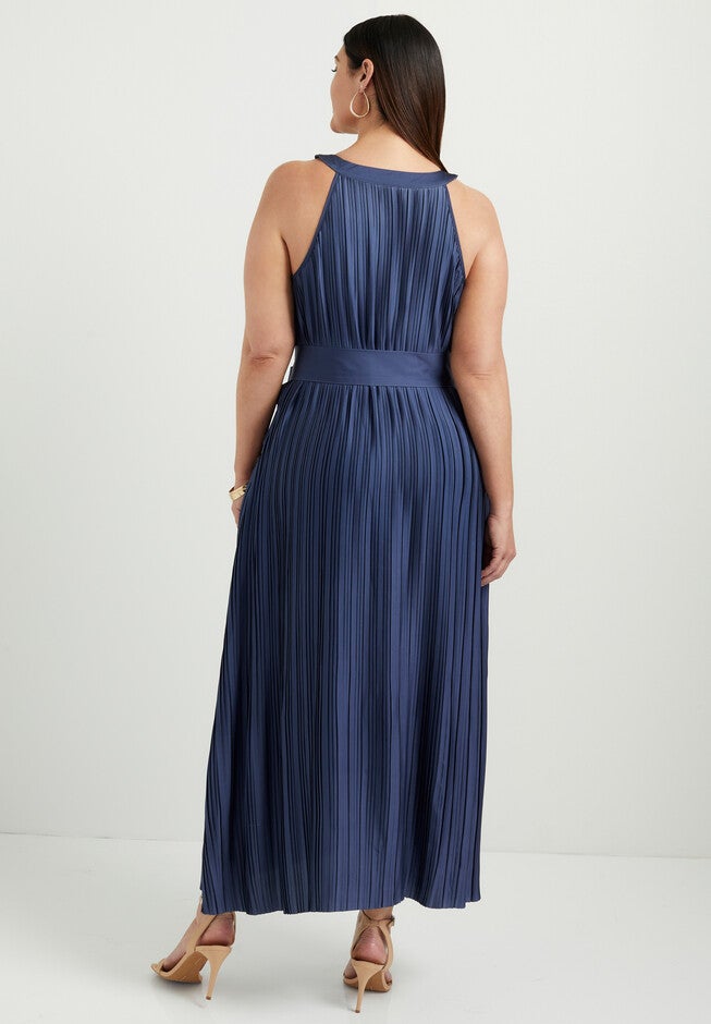 Pleated Halter Maxi Dress, DEEP MARINE, on-hover image number 1