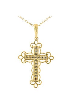 Yellow Flashed Sterling Silver Champagne Diamond Filigree Cross Pendant Necklace