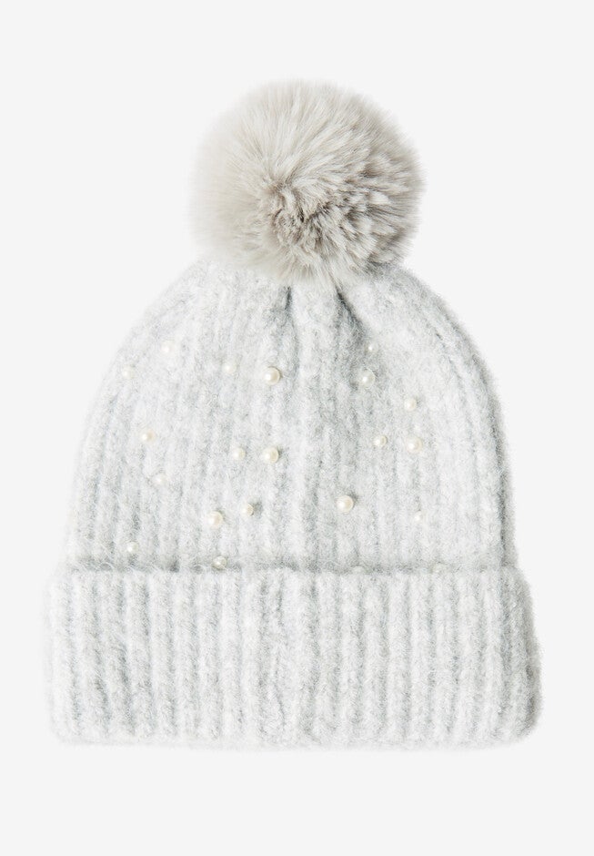 Pearl-Embellished Ribbed Beanie Hat., , alternate image number null