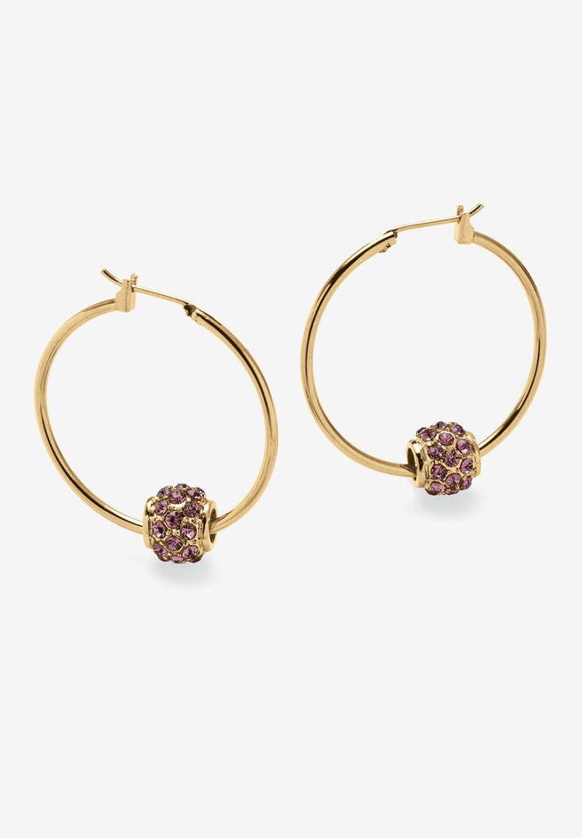 Goldtone Charm Hoop Earrings (32mm) Round Simulated Birthstone, JUNE, hi-res image number 0
