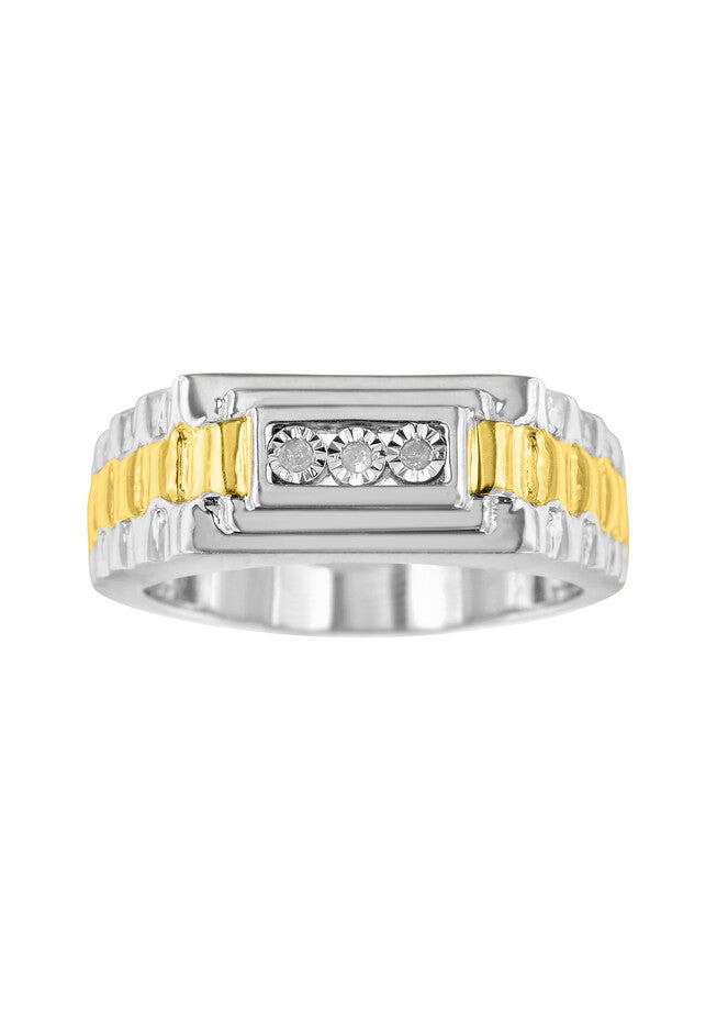 Men'S Yellow Gold Over Silver Diamond Accent Miracle-Set 3 Stone Ridged Band Ring, , alternate image number 2
