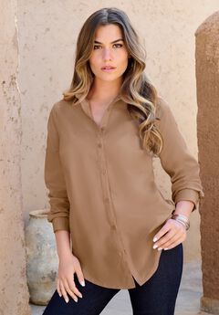 Plus Size Kate Long Sleeve Easy Cotton-Blend Button-Front Shirt